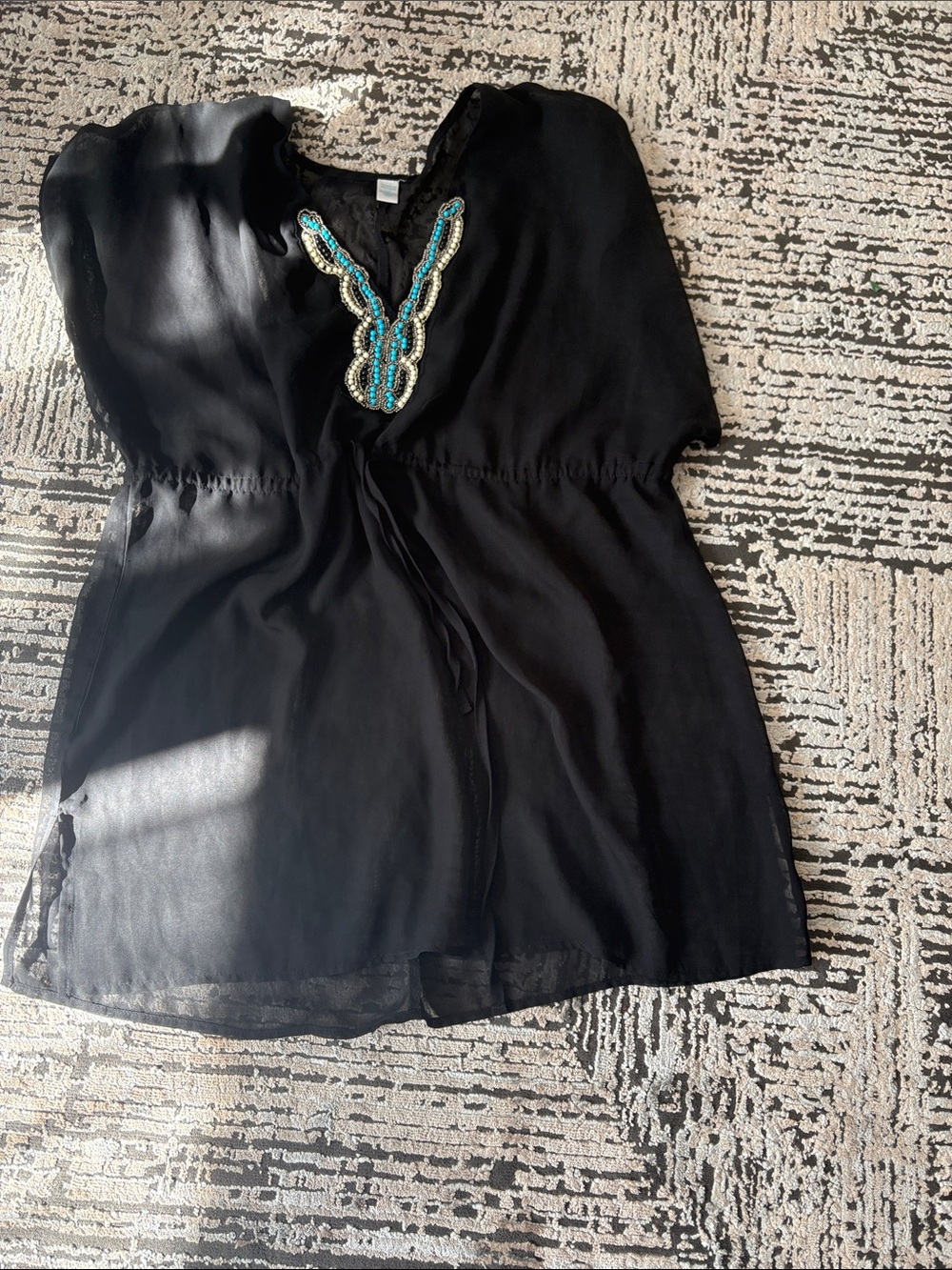 Black Beaded V-Neck Tunic with Turquoise & Pearl Embellishment / Beach Cover Up